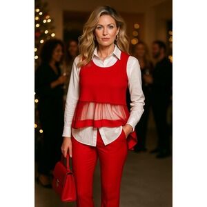 Womens Blouse Large Cherry Red Tunic Whimsical Tulle Fairy Holiday Party Artsy